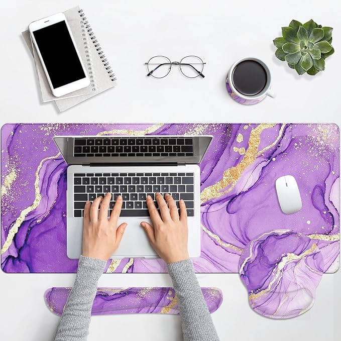 Arttown Purple Gold Marble Desk Mat Abstract Marble Mouse Pad Set 4 in 1 Ergonomic Design Large Mousepad + Keyboard Wrist Rest + Mouse Wrist Rest + Coaster Suitable for Home Office Study Game
