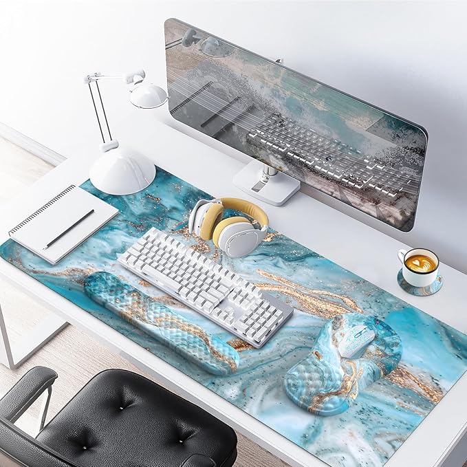 Desk Mat for Keyboard and Mouse, Large Mouse Pad with Wrist Rest and Keyboard Pad, 4PCS Keyboard Wrist Support, Computer Mousepad for Laptop, Teal Blue Turquoise Marble