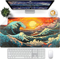 Japanese Sea Wave Desk Pad, Desk Matt for Desktop, Leather Mouse Pad, Waterproof Keyboard Mat, Non-Slip Computer Mat, Keyboard and Mouse Pad for Office Decor (31.5"x15.7")