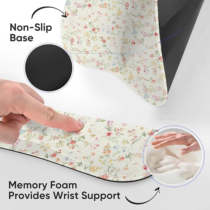 Wrist Rest Support for Mouse Pad Keyboard Set Circle Coaster Gaming Mouse Pad Ergonomic Gel Memory Foam Set for Computer, Laptop, Office, Comfortably Typing Flowers KM-39