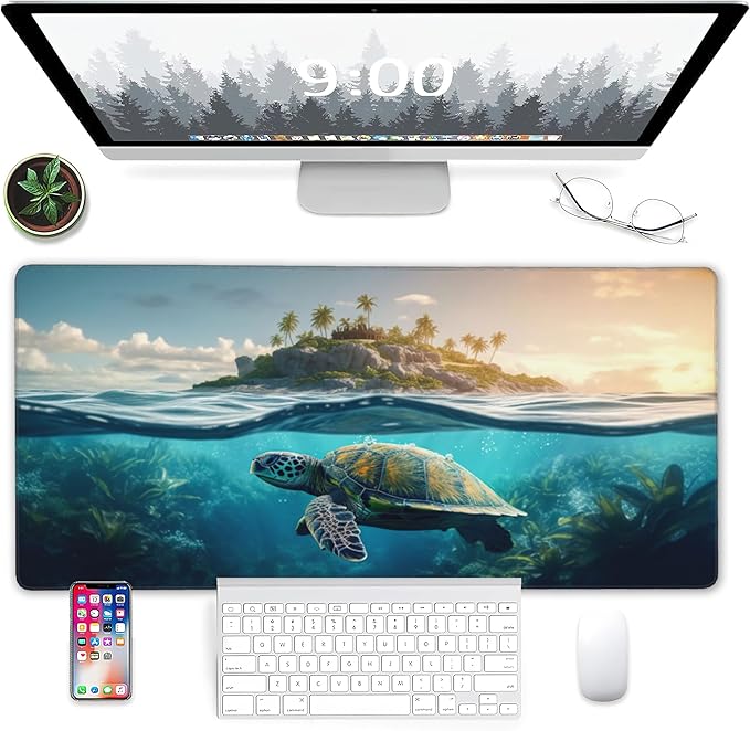 Desk Mat, Sea Turtle Tropical Extended Gaming Mouse Pad Large, Big Desk Mat with Non-Slip Base and Stitched Edge, Long Computer Keyboard Mouse Mat for Home Office Work 31.5"x15.7"