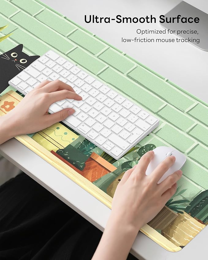 Black Cat Mouse Pad, 31.5 x 11.8 Large Desk Mat with Stitched Edges & Non-Slip Base, Mousepad for Office, Home, Work