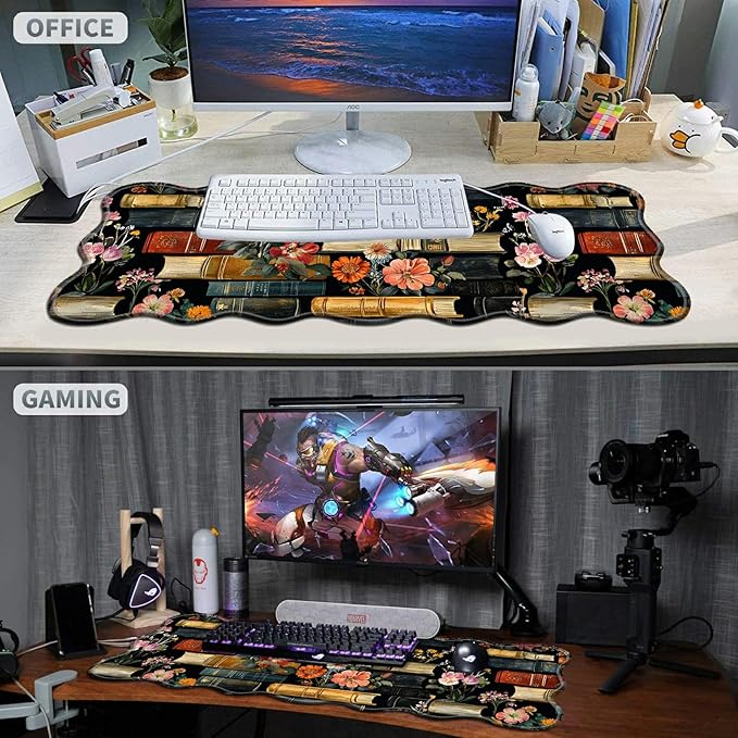 Flowers Bookshelves Large Gaming Mouse Pad Plus a Coaster, 31.5 x 11.8 inches Desk Mat Extended XL Mousepad with Stitched Edge Non-Slip Rubber, Desk Pad Computer Mouse Mat for Home Office