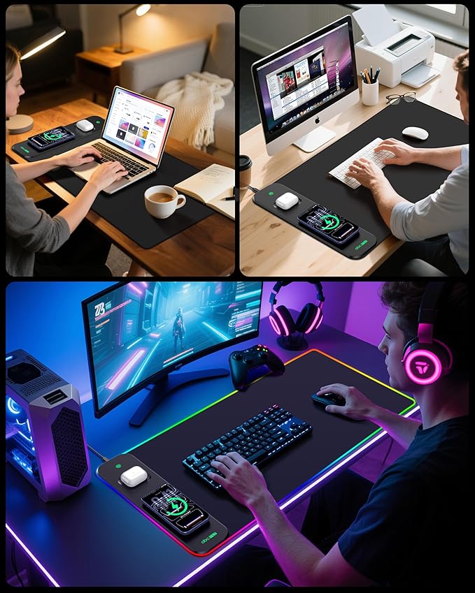 3-in-1 RGB Gaming Mouse Pad with Magnetic Wireless Charging, 31.5"x15.8" Large, 24 Light Effects, Non-Slip Base, Waterproof Ultra-Smooth Surface, with Adapter