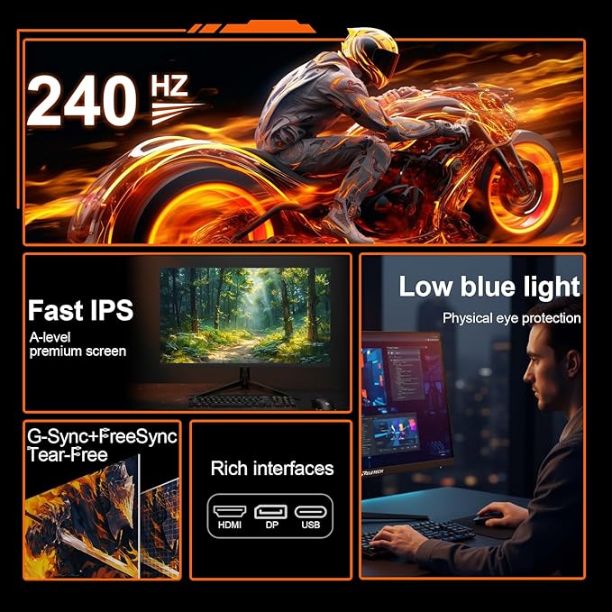 27 Inch Gaming Monitor, FHD(1920x1080), 240Hz Refresh Rate, Fast IPS Panel, 1ms Response Time, FreeSync & G-Sync Compatible, 100% sRGB, HDMI & DP Ports VESA Mount (R27 Fury)