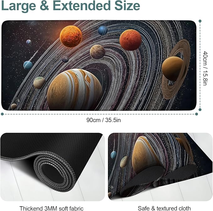 Planet Extended Gaming Mouse Pad 35.4x15.7Inch Large Desk Mat Anti-Slip Rubber Base & Durable Stitched Edges for Gamers Smooth Mouse Writing Surface for Desk Office/Home