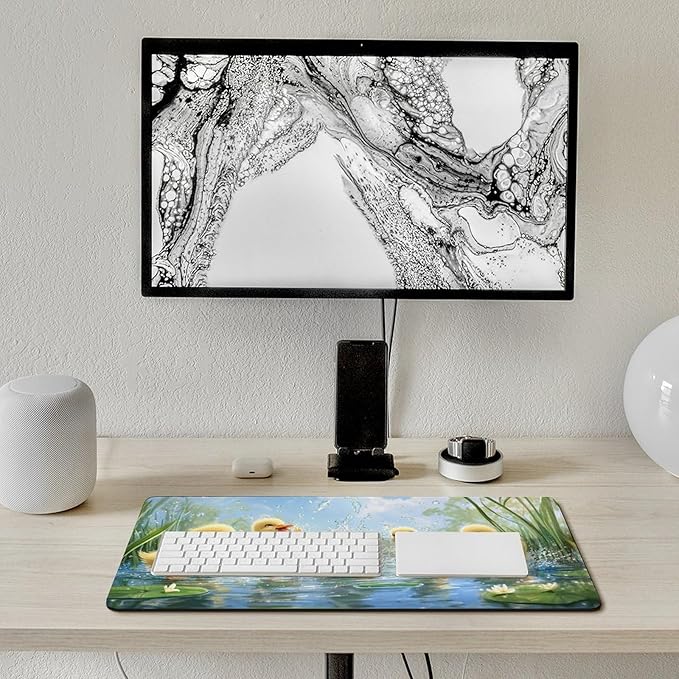 Large Ergonomic Gaming Mouse Pad Playful Ducklings in Pond - Cute Waterfowl Theme with Non-Slip Base Water-Resistant Surface and Stitched Edges 40X75cm