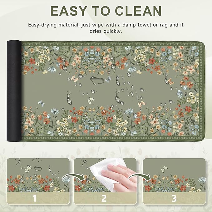 iCasso Desk Mat for Keyboard and Mouse,Large Keyboard Mat Non-Slip,Cute Desk Pad with Stitched Edges,Floral Mousepad for Women,Girly Computer Mat for Home Office Gaming(Sage Green)