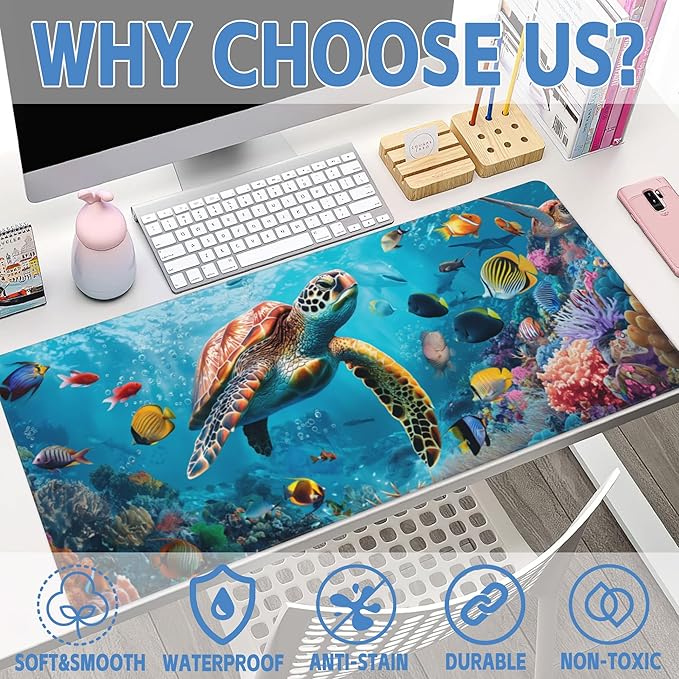 XXL Mouse Pad,Sea Turtle with Colorful Fish Large Gaming Mouse Pad,The Underwater World Desk Mat,Extended Big Computer Keyboard Desk Pad with Non-Slip Base Stitched Edges 35.4"x15.7"