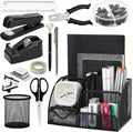 SYMDROMIA 13-in-1 Office Desk Organizer Set with Stapler and Tape Dispenser, Pen Holder, Scissors, Ruler, Hole Punch, 2 Pens & More Desktop Accessories for Back to School Supplies (Black)
