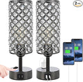 Hong-in Crystal Table Lamp Touch Control Set of 2, 3-Way Black Crystal Lamps with USB C+A Ports & AC Outlet, Dimmable Nightstand Desk Lamps,Modern Bedside Table Lamp for Bedroom(Bulbs Included)