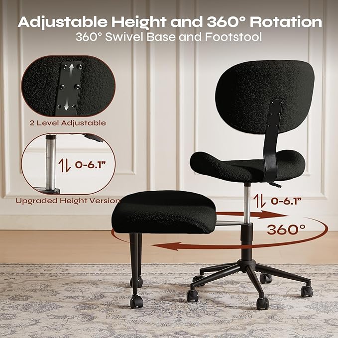 Ergonomic Cross Legged Chair for ADHD, Meditation Chair with 360° Swivel Wheels, Kneeling Office Chair with Back Support, Strong Lumbar Support, Teddy Fabric, Black