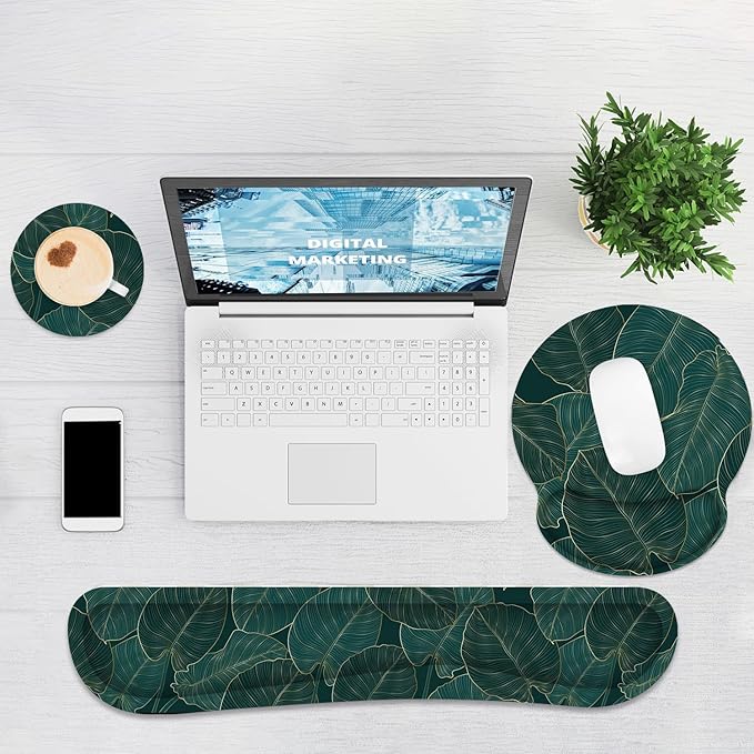 Ergonomic Mouse Pad with Wrist Rest and Keyboard Wrist Rest, Mousepad and Wrist Rest for Computer Keyboard, Non-Slip Base, Mouse Pad Wrist Support for Gaming, Office, Green Palm Leaf