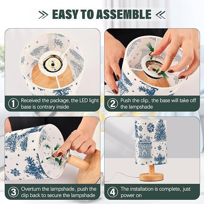 Christmas Tree LED Table Lamp, Bedside Lamp with Linen Lampshade, Flicker-Free Eye Care USB Plug in Nightstand Lamp, for Bedroom and Office