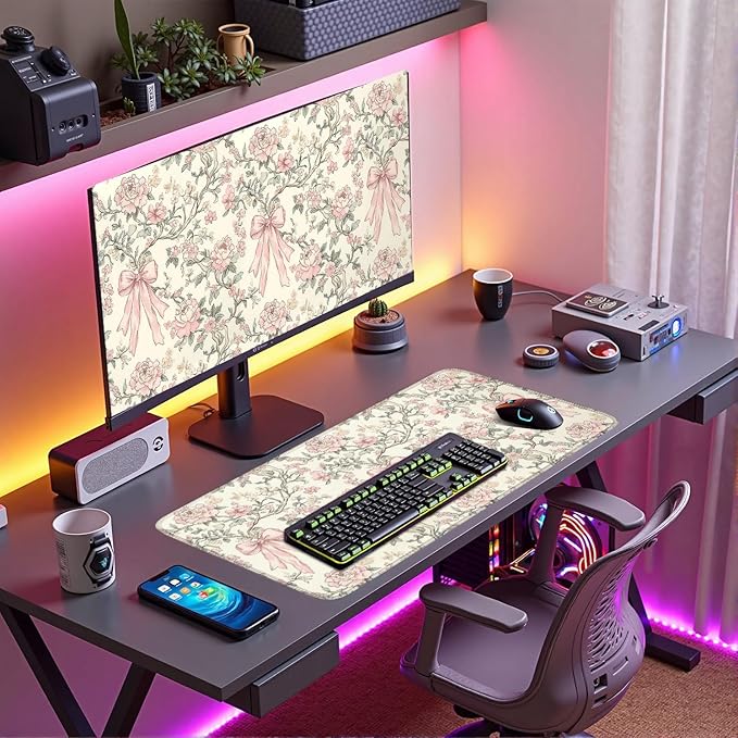 Floral Desk Mat Vintage Chinoiserie Large Mouse Pad Coquette Aesthetic Office Decor Flower Pink Bow Gaming Pad Cottagecore Desk Decor 31.5x15.7 in