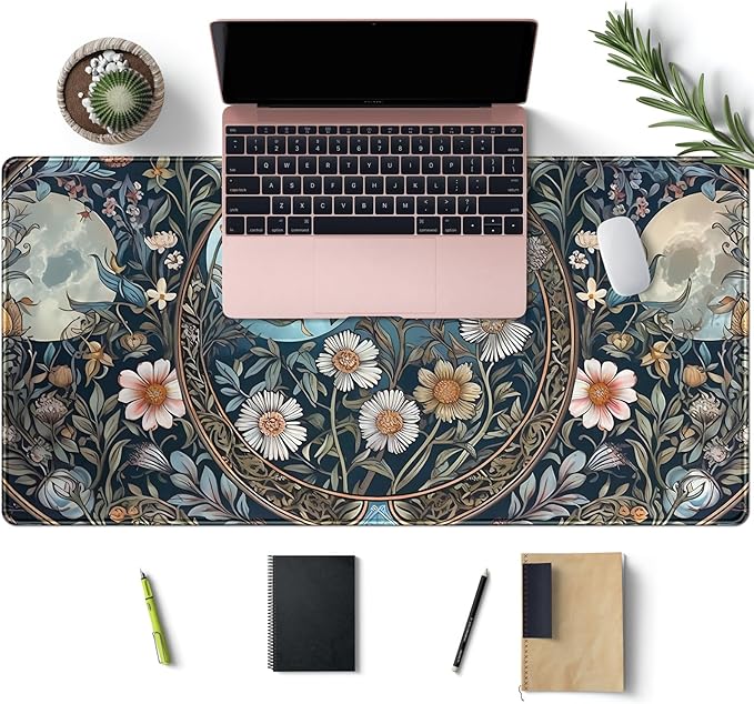 Tarot Triple Moon Desk Mat Retro Aesthetic Desk Pad Daisy Vintage Floral Extended Mouse Pad Large Gaming Mousepad XXL Laptop Computer Mouse Keyboard Mat 31.5 x 15.7 in for Office Desk Decor