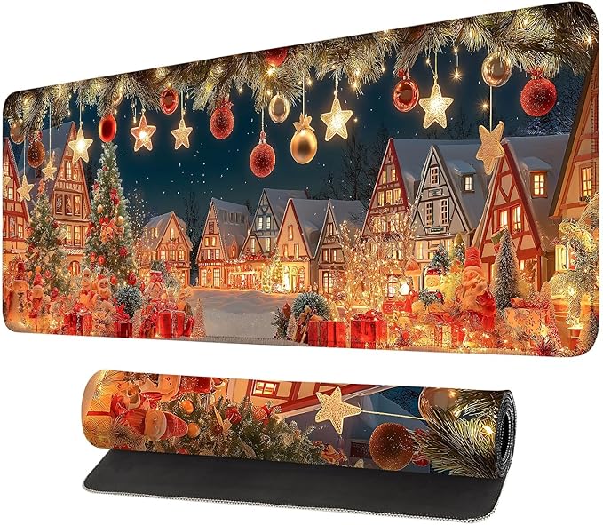 Desk Mat, XXL Extended Gaming Pad for Desktop, 31x12 Inches Village with Trees and Lights, Large Non-Slip Vegan Leather Keyboard and Mouse Mat for Home Office