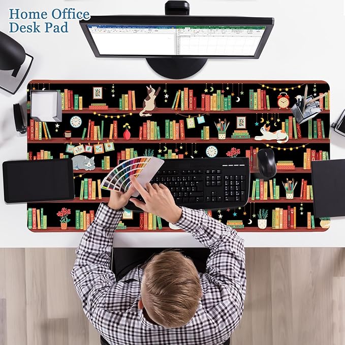 Desk Mat, Desk Matt for Desktop Bookshelf Cat XXL Extended Large Gaming Mouse Pad for Desk, Anti-Slip Desk pad Mat with Stitched Edges, Keyboard Mouse Mat for Computer, Work, Office, Gaming