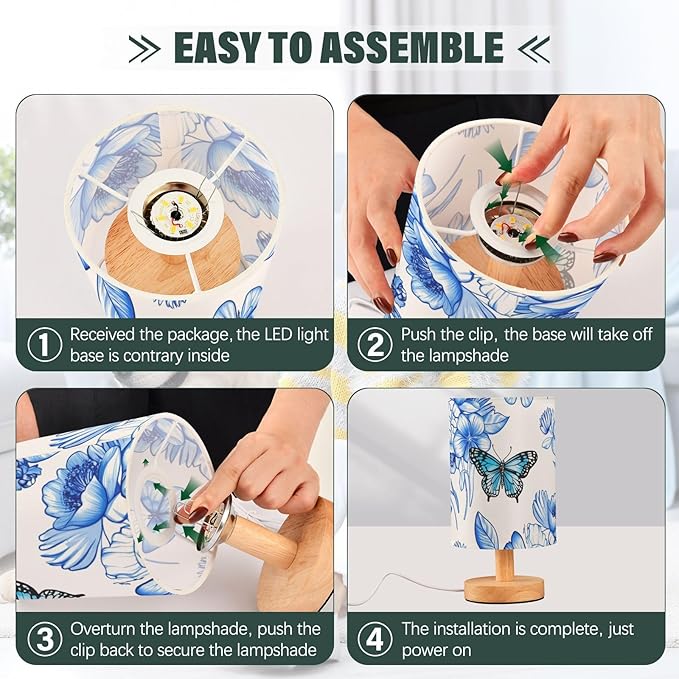 Blue Floral Butterfly LED Table Lamp, Bedside Lamp with Linen Lampshade, Flicker-Free Eye Care USB Plug in Nightstand Lamp, for Bedroom and Office