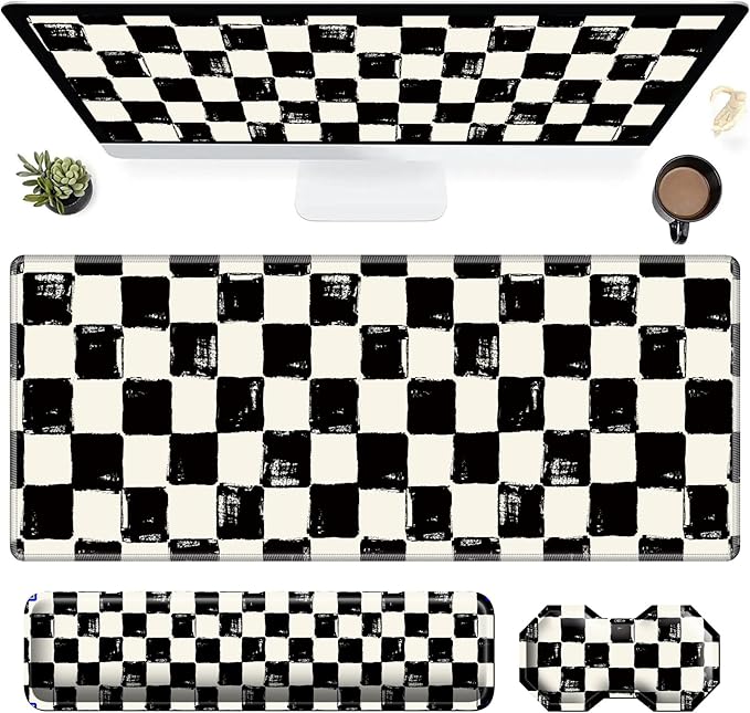3Pcs Mouse Pad Set, Black White Checkerboard Large Gaming Mouse Pad with Stitched Edge, Ergonomic Memory Foam Keyboard Wrist Support and Mouse Wrist Rest Cushion, Pain Relief Non-Slip Desk Pad Combo