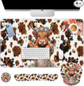 Arttown Highland Cow Flower Desk Mat Leaves Cartoon Print Mouse Pad Set 4 in 1 Ergonomic Design Large Mousepad + Keyboard Wrist Rest + Mouse Wrist Rest + Coaster Suitable for Home Office Study Game