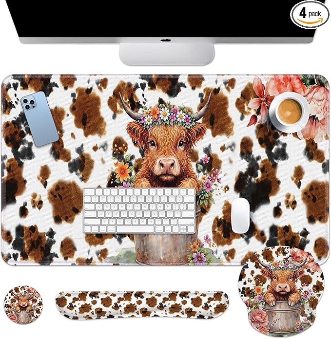 Arttown Highland Cow Flower Desk Mat Leaves Cartoon Print Mouse Pad Set 4 in 1 Ergonomic Design Large Mousepad + Keyboard Wrist Rest + Mouse Wrist Rest + Coaster Suitable for Home Office Study Game