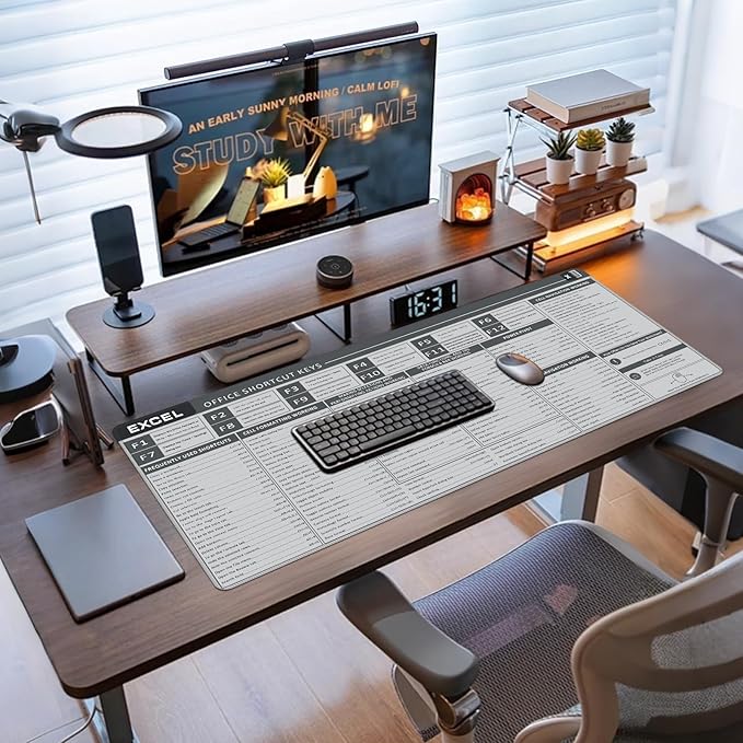 Baziabbo Office Desk Mat, Excel Cheat Sheet Keyboard Mat, Excel Shortcut Desk Pads,Non-Slip Excel Mousepad with Stitched Edges for Computer (Sheet Grey)