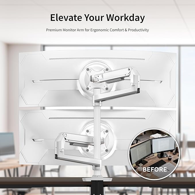 Premium Dual Monitor Stand for Desk, High-Grade Aluminum Stacked Monitor Arm with Heavy-Duty Mechanical Spring, Adjustable Vertical Double Monitor Mount for 13-40 inch Screens, White