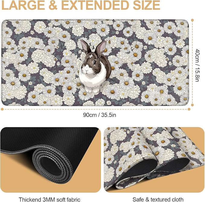 Large Mouse Pad & Keyboard Mat 35x16 Inches, Cute Rabbit in White Daisy Field Non-Slip Rubber Base Desk Mat, Large Extended Desk Protector for Home Office Gaming Setup