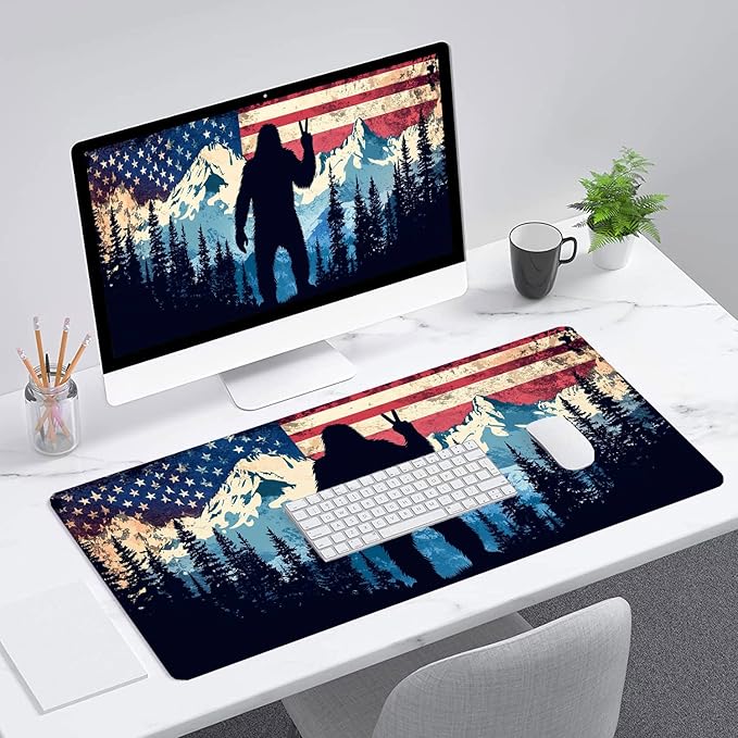 American Flag Bigfoot Desk Mat Forest Mountain Extended Gaming Mouse Pad Mat with Stitched Edge Non-Slip Base Big Mouse Pad Office Computer Keyboard Laptop Home 35.4"x15.7"