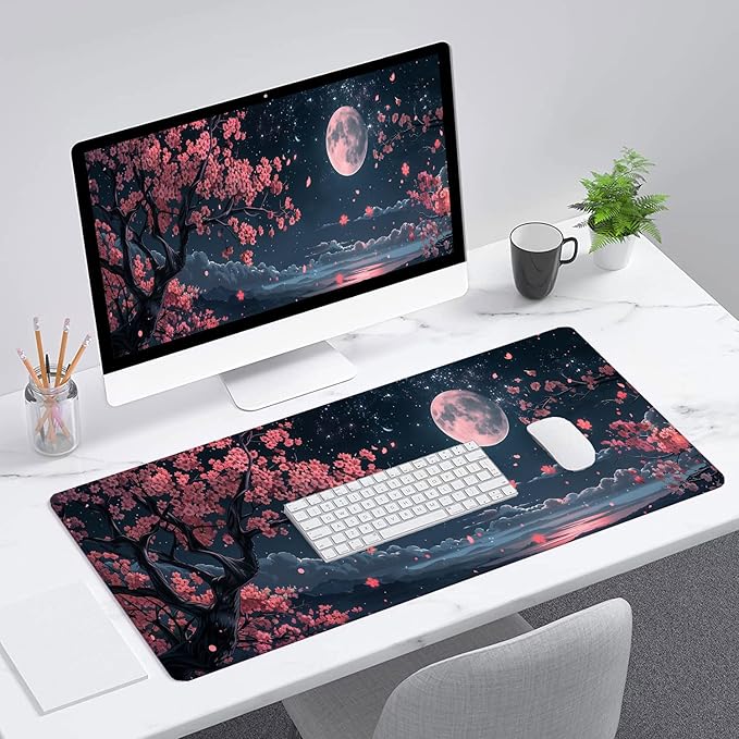 Cherry Blossom Floral Desk Pad Mouse Pad Kawaii Pink Black Moon Floral Gaming Mouse Mat with Stitched Edges,Non-Slip Waterproof Rubber Base Mous Mat Office Computer Keyboard Laptop Home 31.5"x11.8"