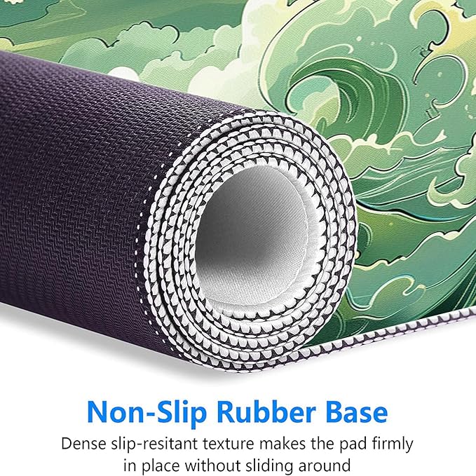 Sea Wave Desk Mat Green Japanese Anime Aesthetics Extended Gaming Mouse Pad Mat with Stitched Edge Non-Slip Base Big Mouse Pad 31.5"x11.8" Office Computer Keyboard Laptop Home