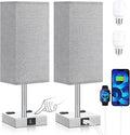 aooshine Gray Set of 2 Touch Lamp with USB Port-Nightstand Lamp with USB-C+A Charge Ports& AC Outlets, 3-Way Dimmable Bedside Lamp with Shade,Small Table Lamp for Bedroom Living Room(Bulb Included)