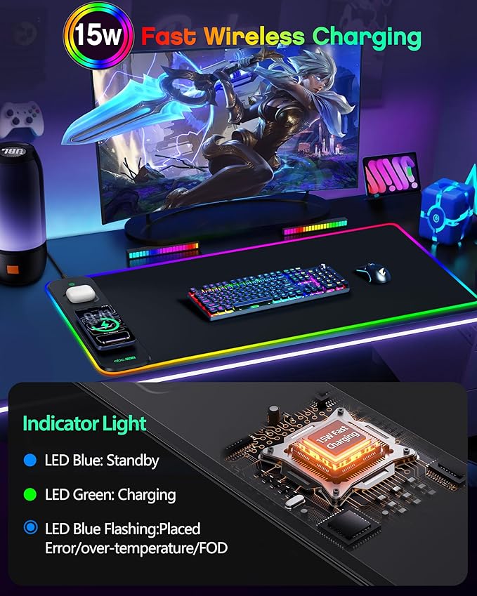 3-in-1 RGB Gaming Mouse Pad with Magnetic Wireless Charging, 31.5"x15.8" Large, 24 Light Effects, Non-Slip Base, Waterproof Ultra-Smooth Surface, No Adapter