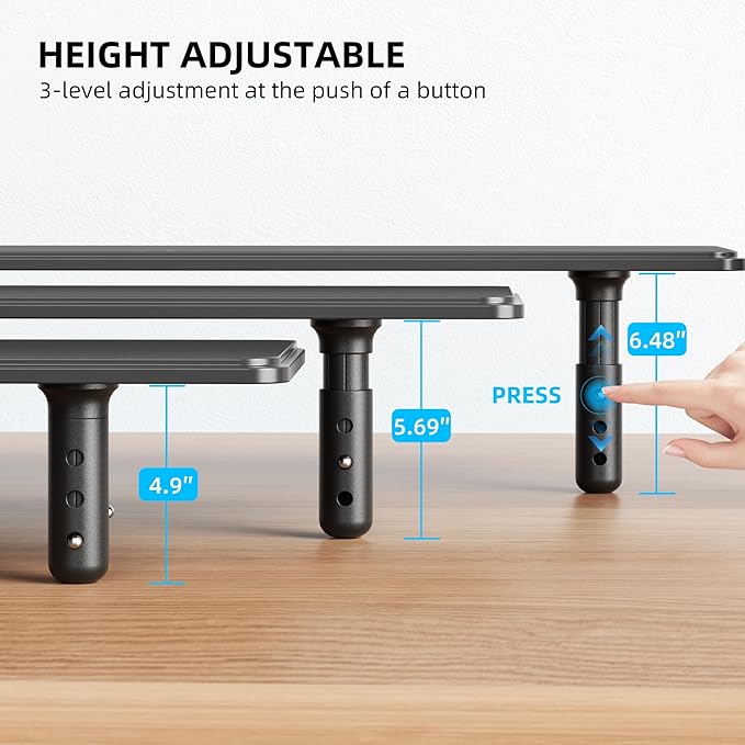 Dual Monitor Stand for Desk, Adjustable Height Wood Computer Riser, Ergonomic Monitor Shelf for Laptop, Printer, TV, Black - Large Storage Space, Sturdy Desk Organizer for Home & Office,Black