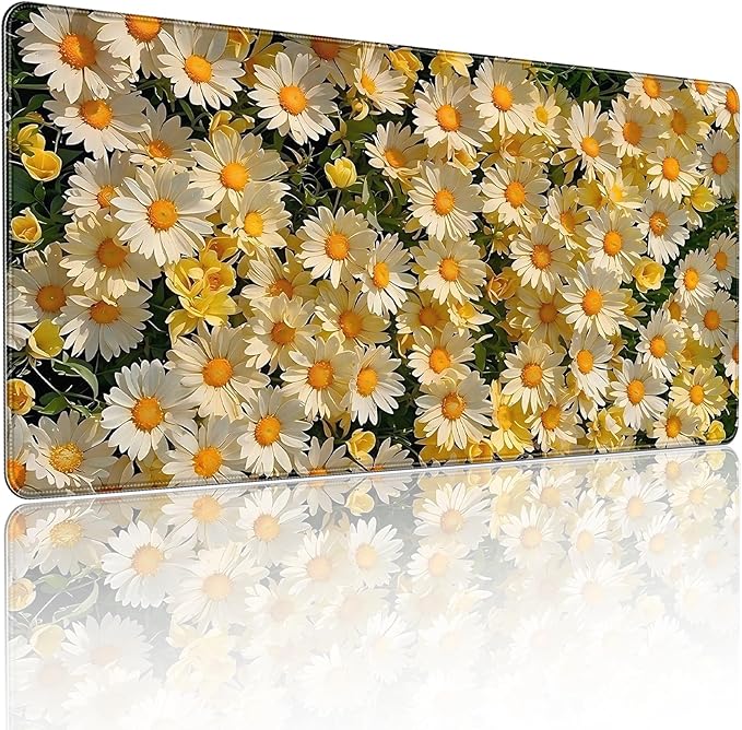 XXL Gaming Mouse Pad, Daisy Floral Design, 35.4 x 15.7 Inches, Microfiber Cloth, Rectangular, Non-Slip Rubber Base