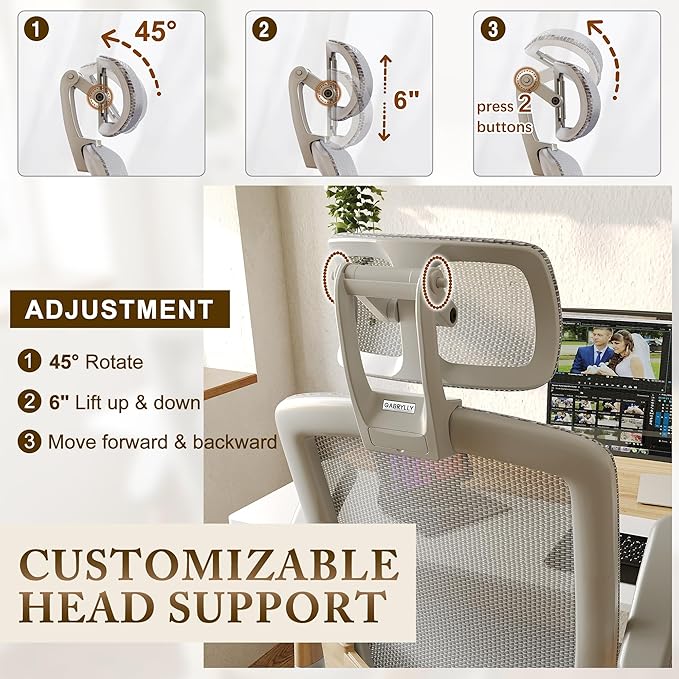 GABRYLLY Ergonomic Office Chair, High Back Home Desk Chair with Flip-Up Arms, Headrest, 90-120° Tilt and Wide Cushion, 300LBS White Mesh Chair for Work Gaming Study (GY01-NT, Woodgrain Pattern)