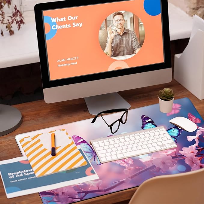 Desk Pad,Flying Blue Butterfly Desk Mat,Pink Cherry Blossom Branches Large Gaming Mouse Pad for Desk,31.5"x15.7" Extended Big Computer Keyboard Mouse Pad with Non-Slip Base and Stitched Edge