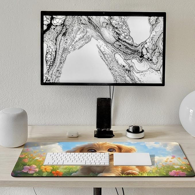 Large Ergonomic Gaming Mouse Pad Happy Puppy in Sunny Field - Lovable Dog Theme with Non-Slip Base Water-Resistant Surface and Stitched Edges 40x90cm