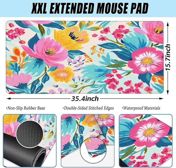 XXL Mouse Pad,Watercolor Floral Large Gaming Mouse Pad,Pink Rose Flowers Desk Mat for Desktop,Extended Big Computer Keyboard Desk Pad with Non-Slip Base and Stitched Edge 35.4"x15.7"