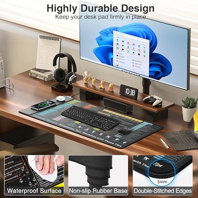 Wireless Charging Mouse Pad with Excel Formulas Shortcuts, 31.5"x15.8" Extra Large Office Spreadsheet Cheat Sheet Desk Mat, Waterproof Ultra-Smooth Surface, Non-Slip Base, with 20W PD Adapter