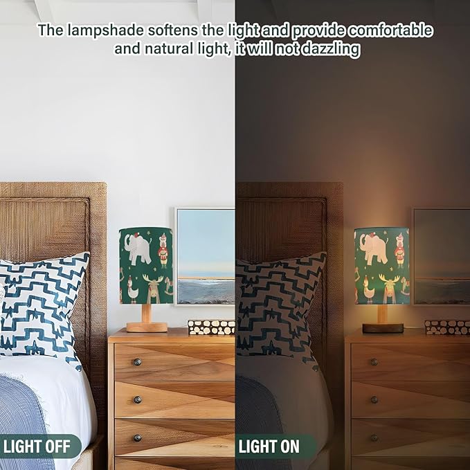 Green Christmas Animal LED Table Lamp, Bedside Lamp with Linen Lampshade, Flicker-Free Eye Care USB Plug in Nightstand Lamp, for Bedroom and Office