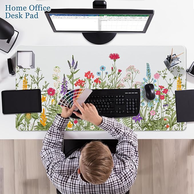 Desk Pad Sage Green Botanical Flowers, Desk Mat for Desktop, XXL Large Gaming Mouse Pad, Non-Slip Rubber Base Stitched Edges Waterproof Keyboard mat for PC Game, Laptop, Computer, Work, Office, Floral