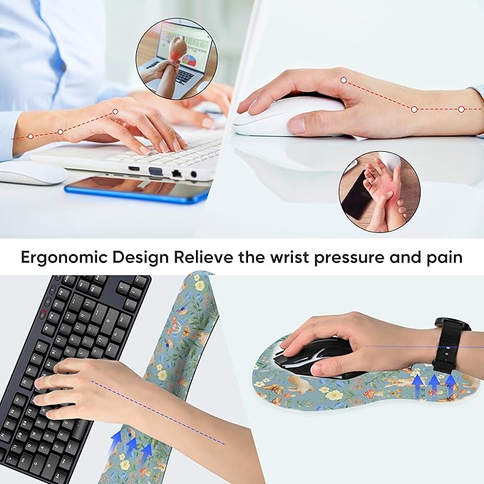 Mouse Pad Wrist Rest Support Keyboard Set Circle Coaster Gaming Mouse Pad Ergonomic Gel Memory Foam Set for Computer, Laptop, Office, Comfortably Typing Rabbit KM-40