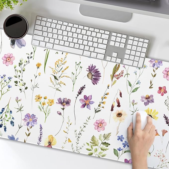 Pretty Flowers Mouse Pad XXL Cute Floral Chic Plant Spring Summer Extended Table Mat 90X40 CM Non-Slip Rubber Base Stitched Edge Large Mousepad for Gaming Laptop Computer Desk Top 35.4×15.7 Inch