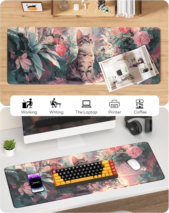 Pink Cat Mouse Pad, 31.5 x 11.8 Large Desk Mat with Stitched Edges & Non-Slip Base, Mousepad for Office, Home, Work