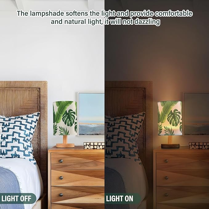 Tropical Leaf LED Table Lamp, Bedside Lamp with Linen Lampshade, Flicker-Free Eye Care USB Plug in Nightstand Lamp, for Bedroom and Office