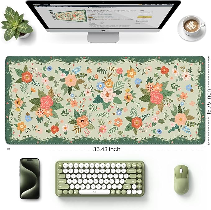 HAOCOO Green Floral Desk Mat for Keyboard and Mouse, Waterproof Desk Matt for Desktop, Large Mouse Pad, Non-Slip Keyboard Mat with Stitched Edge for Office, School, Home