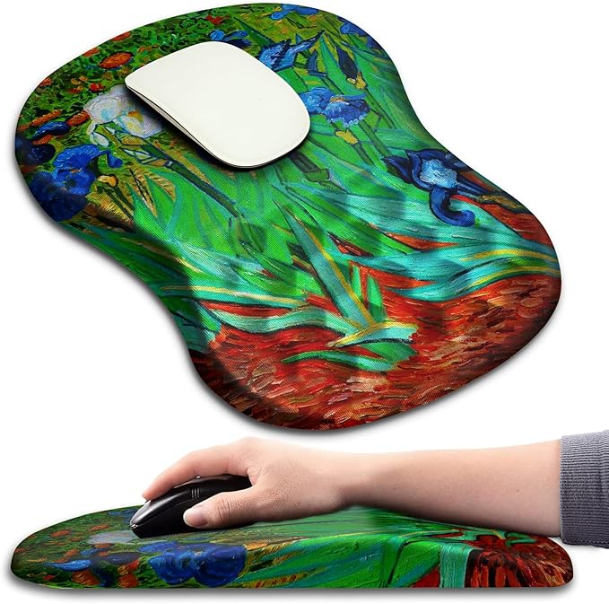 Hokafenle Ergonomic Mouse Pad Wrist Support with Massage Design, Wrist Rest Mousepad with Memory Foam&Non-Slip PU Base, Mouse Pads for Wireless Mouse & Desk(12x8 inch,Vangogh Iris Flower)