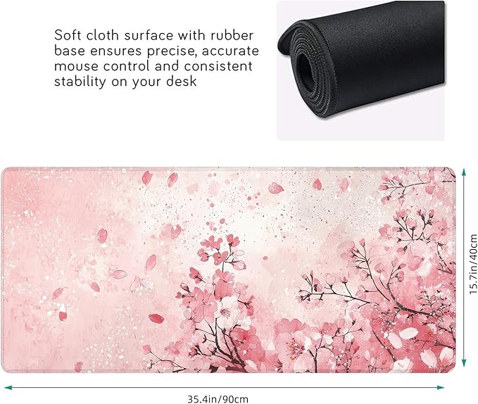 Desk Mat, Japanese Cherry Blossom XXL 35.4"x15.7"Large Gaming Mouse Pad, 3mm Thick Gaming Keyboard Pad,Desk Pad Non-Slip Rubber Base with Stitched Edges for Office Game Home Decor